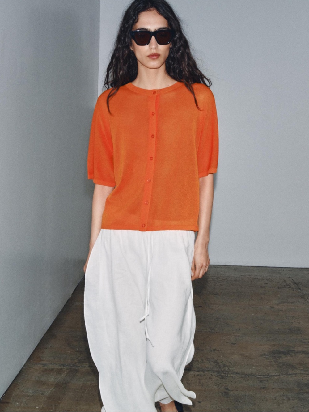 Zara Bright Orange Button-Front Short Sleeve Cardigan size M